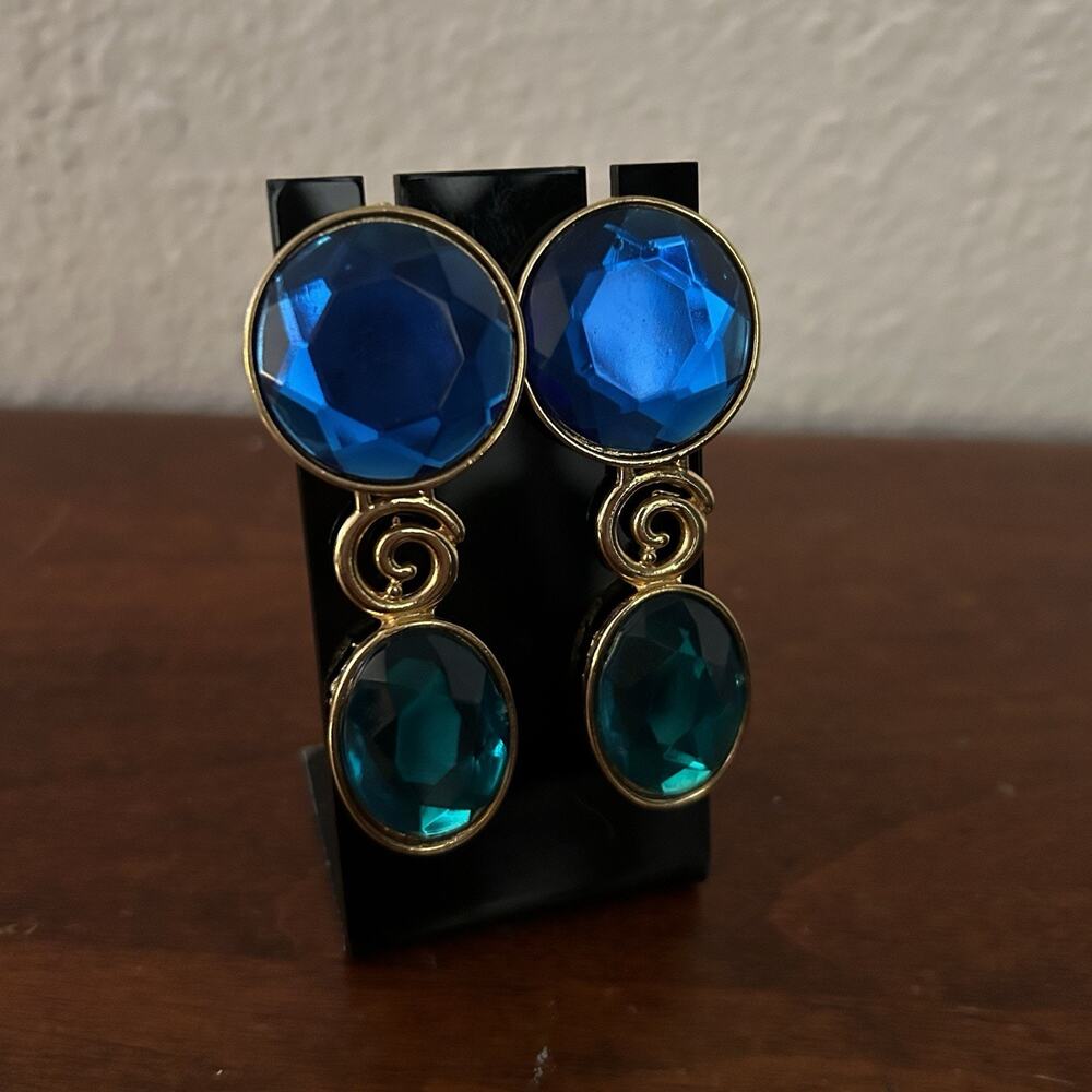 Vintage Statement Earrings Blue & Teal Green Faceted Gold Tone Stud Bold 80s